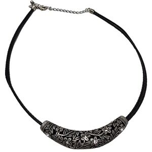 Lia Sophia- Black Rope Necklace -Antiqued Silver, Flower and Crystals (16" -19")